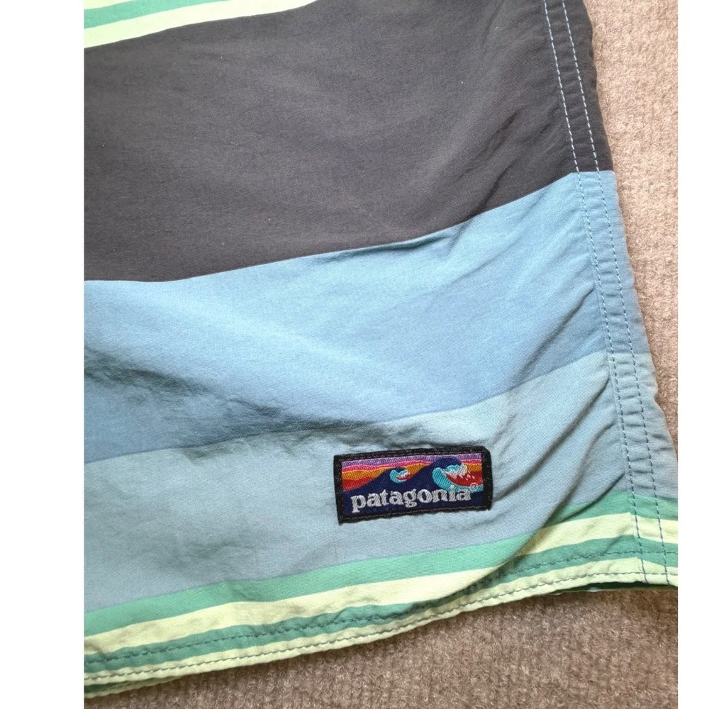 Patagonia Mens Board Shorts Size 35 Blue Green Stripe Recycled Nylon Swim Trunks